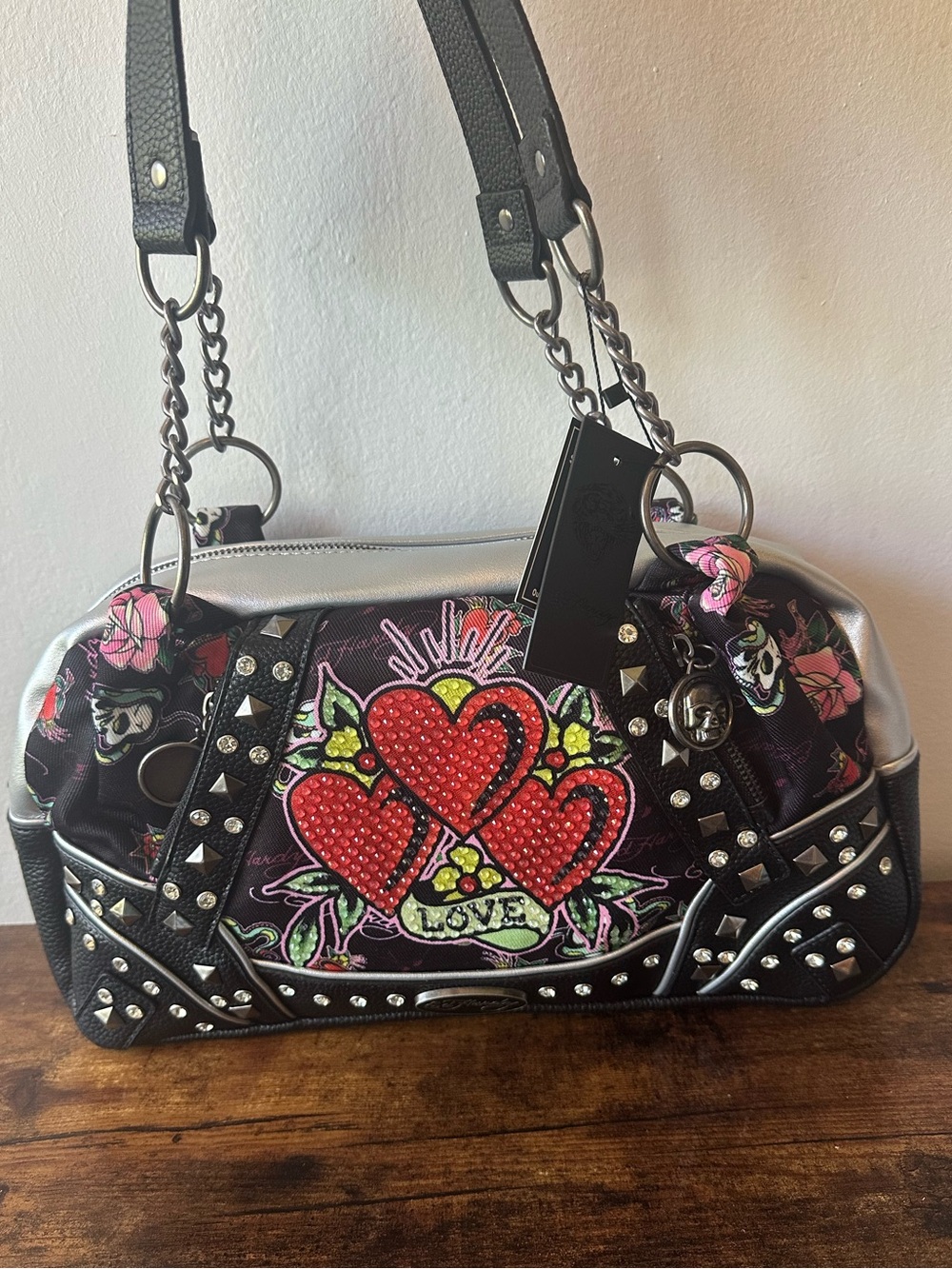 Ed Hardy Black Shoulder Bag with Red Hearts Rhinestone Studs Silver Trim NWT